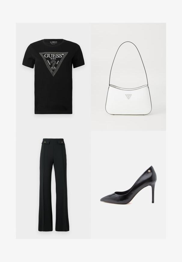 Camiseta de algodón negra con un diseño en forma de triángulo de cristal con el texto "GUESS" y "U.S.A.", cuello redondo y mangas cortas.; Pantalones de tiro alto de campana negros con detalles de costura frontal y dos bolsillos con tapeta y botones dorados en la cintura.; Zapato de tacón alto de cuero negro con punta puntiaguda, con un diseño recortado y un pequeño detalle de logo dorado en el talón.; Bolso de mano blanco con un diseño elegante y curvado, que cuenta con una delgada correa negra y un acento de logotipo triangular plateado. Textura suave y un detalle mínimo.