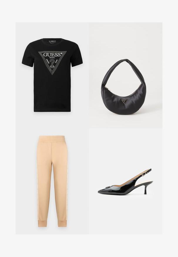 Sort bomulds t-shirt med et rhinestone trekantdesign med "GUESS" og "U.S.A." tekst, rund hals og korte ærmer.; Beige sweatpants med en glat tekstur, der har et tapered design, elastisk talje og mønstrede sidelommer.; Sort patentlæder slingback hæl med spids tå, lille kitten hæl og sølvspænde på en ensartet hvid baggrund.; Sort satin håndtaske med en buet form, der har en lynlåslukning og et trekantet logo i metal på forsiden. Glat tekstur og slankt design.