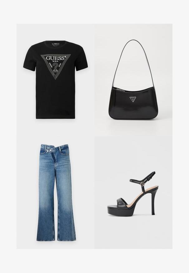 Sort bomulds t-shirt med et rhinestone trekantdesign med "GUESS" og "U.S.A." tekst, rund hals og korte ærmer.; Lysblå denim flared jeans med høj talje, der har to knapper og forlommer. Stoffet har en falmet struktur med subtile variationer.; Sorte platformsandaler med høj stiletthæl, der har en glat læderoverdel, peep toe-design og en justerbar ankelrem med metalbeslag.; Sort patenteret læder skuldertaske med en buet form, prydet med et sølvfarvet trekantet logo og en lynlås-lukning. Glat tekstur og slank rem.