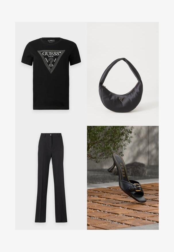 T-shirt en coton noir avec un design de triangle en strass portant le texte "GUESS" et "U.S.A.", col rond et manches courtes.; Pantalons noirs ajustés avec une coupe droite. Comprend une fermeture à bouton, des passants de ceinture et une texture lisse et mate.; Mule noire à talon haut avec boucle dorée et logo "GUESS" à l'intérieur, posée sur un sol carrelé extérieur texturé avec un arrière-plan flou de verdure.; Sac à main en satin noir avec une forme courbée, doté d'une fermeture à glissière et d'un logo triangulaire en métal à l'avant. Texture lisse et design épuré.