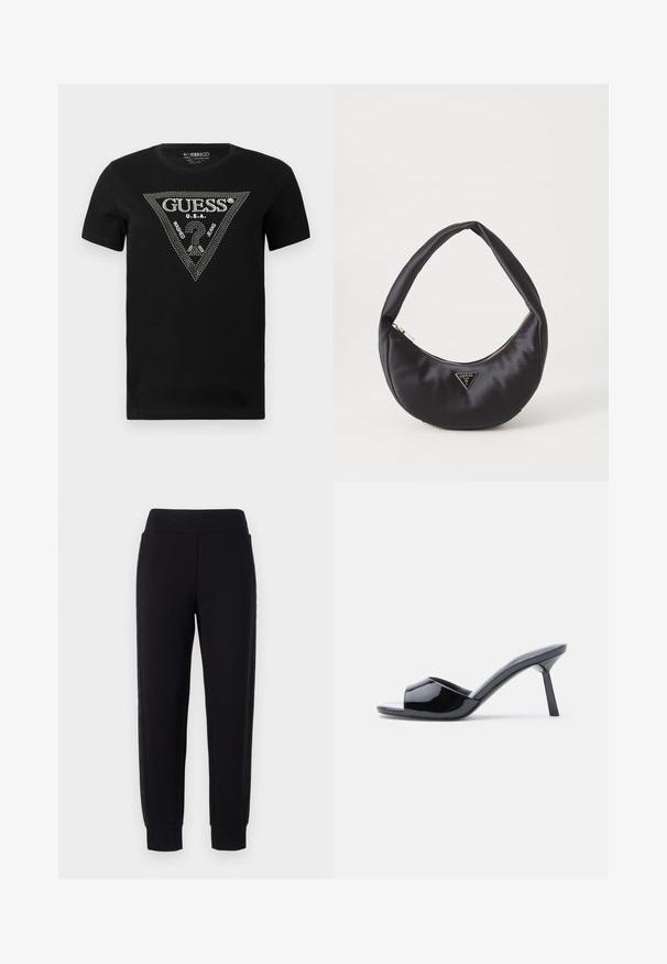 Sort bomulds t-shirt med et rhinestone trekantdesign med "GUESS" og "U.S.A." tekst, rund hals og korte ærmer.; Sorte sweatpants med tætsiddende ben, der har en bred elastisk talje og strukturerede sidelapper. Lavet af et blødt, strækbart materiale.; Sorte laklæder sandaletter med åben tå, der har et buet overdesign og en spids stilethæl. Glat, blank finish.; Sort satin håndtaske med en buet form, der har en lynlåslukning og et trekantet logo i metal på forsiden. Glat tekstur og slankt design.