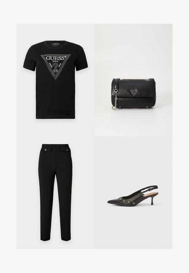 Camiseta de algodón negra con un diseño en forma de triángulo de cristal con el texto "GUESS" y "U.S.A.", cuello redondo y mangas cortas.; Pantalones negros a medida hechos de una tela suave, con corte recto, dos bolsillos frontales con solapas y detalles metálicos en tono dorado.; Zapato de tacón con talón descubierto en piel negra, punta puntiaguda, tacón pequeño y detalles metálicos decorativos a lo largo de la abertura frontal. Textura lisa.; Bolso de hombro de cuero negro con correa de cadena dorada y logo triangular de Guess en la solapa frontal, sobre un fondo blanco liso.