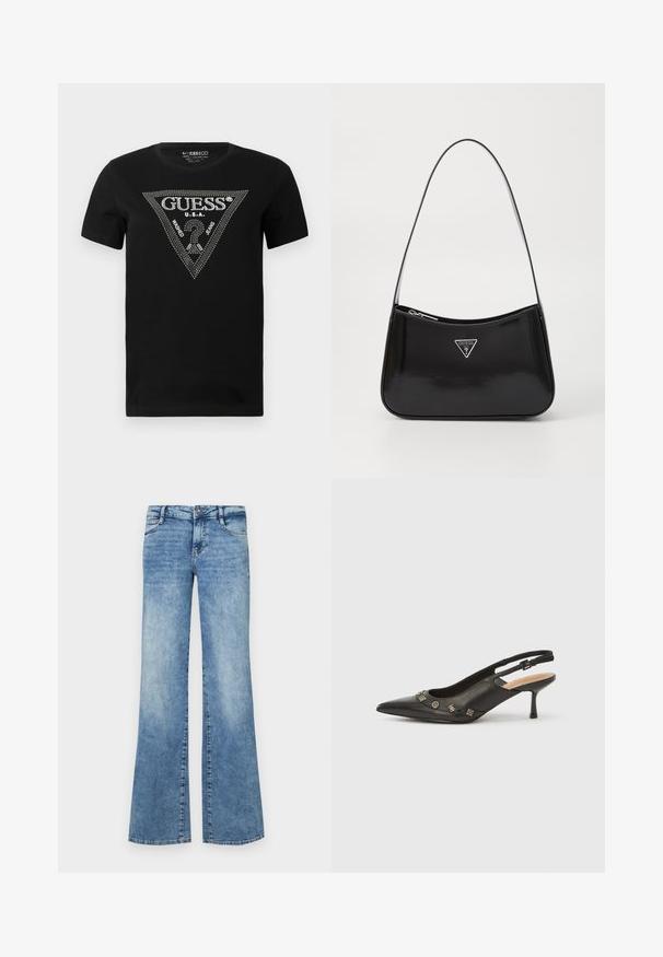 Zwarte katoenen t-shirt met een strass driehoekontwerp met de tekst "GUESS" en "U.S.A.", ronde hals en korte mouwen.; Lichtblauwe uitlopende jeans van denim. Voorzien van een knoopsluiting, vijf zakken en vervaagde details voor een versleten uitstraling.; Zwarte leren slingback pump met puntige neus, lage hak en decoratieve metalen accenten langs de vooropening. Gladde textuur.; Zwarte lakleren schoudertas met een gebogen vorm, voorzien van een zilveren driehoeklogo en een ritssluiting. Gladde textuur en slanke schouderband.