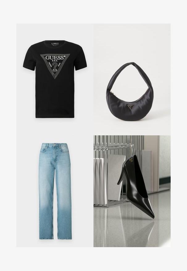 Camiseta de algodón negra con un diseño en forma de triángulo de cristal con el texto "GUESS" y "U.S.A.", cuello redondo y mangas cortas.; Vaqueros de mezclilla azul claro de tiro alto y pierna recta con botón y cremallera delanteros, bolsillos delanteros y traseros, exhibidos sobre un fondo blanco.; Zapato de tacón alto negro con punta afilada y logo dorado, colocado sobre una superficie reflectante cerca de un organizador de archivos de alambre cromado con documentos.; Bolso de satén negro con forma curva, que cuenta con un cierre de cremallera y un logo triangular en metal en la parte delantera. Textura suave y diseño elegante.