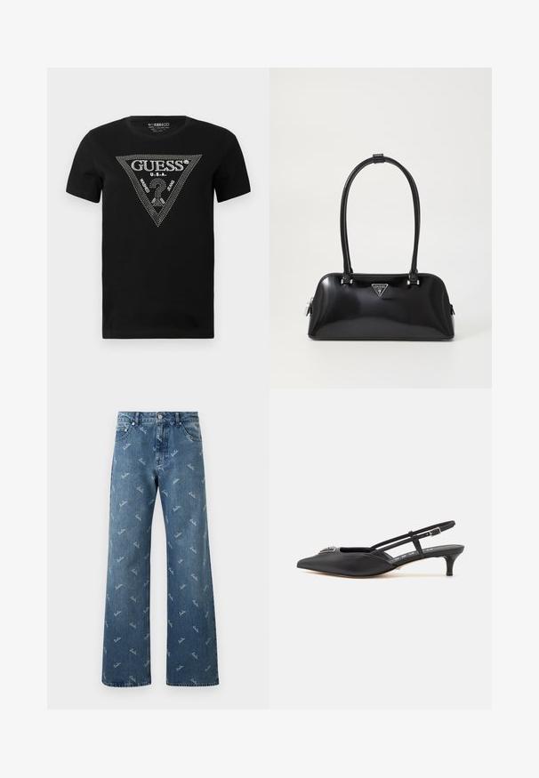 Zwarte katoenen t-shirt met een strass driehoekontwerp met de tekst "GUESS" en "U.S.A.", ronde hals en korte mouwen.; Lichtblauwe denim Jeans met een brede pijpenontwerp, met een herhaald 'lala' logo patroon in het wit en een klassieke vijf-pocket stijl.; Zwarte slingback schoenen met een puntige neus, gemaakt van glad materiaal, met een kleine hak en een decoratieve zilverkleurige accent op de wreef.; Zwarte glanzende handtas met een gebogen silhouet, twee handvatten en een logo plaatje aan de voorkant. Ritssluiting en glanzende hardware accenten.