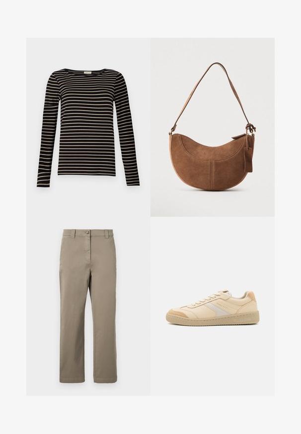 T-shirt à manches longues rayé, avec des rayures horizontales noires et beiges, un col rond et un design ajusté en tissu doux.; Chino en coton kaki avec une coupe droite, dotés d'un bouton à l'avant, de poches latérales et d'une texture lisse. Pas de motifs ou d'accents visibles.; Baskets beiges avec un dessus en cuir lisse, présentant une bande contrastante blanche cassée et une semelle en caoutchouc texturé. Détail subtil du logo de la marque.; Sac à main en daim marron de forme courbée en demi-lune. Il est doté d'une bandoulière, d'une petite étiquette et de coutures visibles le long des bords.