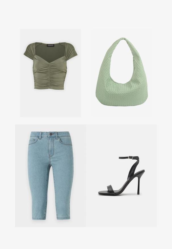 Even&Odd Základné tričko - khaki; Svetlomodré denimové capri nohavice s priliehavým strihom, stredne vysokým pásom, štýlom s piatimi vreckami a jemným prešitím pozdĺž švov.; Čierne sandále na vysokej ihlovej podpätku so štíhlym členkovým remienkom a dvoma prednými pásikmi. Vyrobené z hladkej kože s elegantne špicatou špičkou a vysokým podpätkom.; Mäkká kabelka mäta zelenej farby s tkanou koženou textúrou a zaoblenou rúčkou, navrhnutá na nosenie cez rameno.