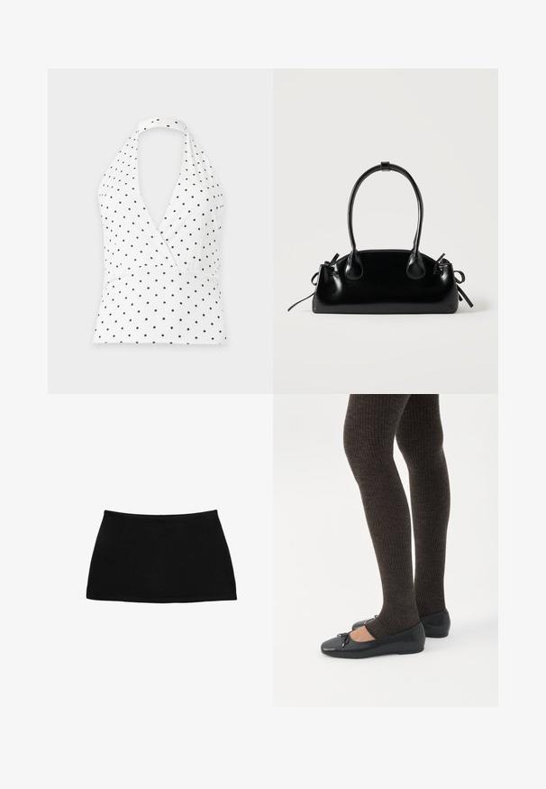 Haut dos nu blanc à pois noirs, avec un profond décolleté en V et une taille cintrée.; Mini-jupe noire en coton avec une taille ajustée. Texture lisse, design simple et ourlet droit. Pas de motifs ou de pièces métalliques visibles.; Jambes portant des leggings côtelés foncés associés à des ballerines noires avec de petits détails en nœud sur fond blanc.; Petit sac à main noir brillant avec deux longues anses et des détails à cordon sur les côtés sur un fond clair uni.