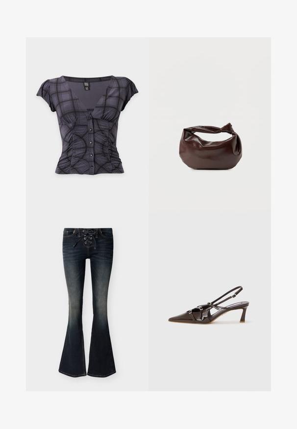 Blusa de cuadros gris oscuro de manga corta con escote en V, botones delanteros, laterales fruncidos y mangas de vuelo, talla pequeña.; Jeans de mezclilla lavado oscuro con corte acampanado, cierre frontal con cordones y sutiles desvanecidos en los muslos y las rodillas.; Tacón slingback de charol marrón con punta afilada, correas ajustables y hebillas decorativas en la parte frontal. Altura del tacón de 3 pulgadas.; Bolso de hombro de cuero marrón oscuro con una forma suave y caída, y un asa con nudo torcido sobre un fondo blanco liso.