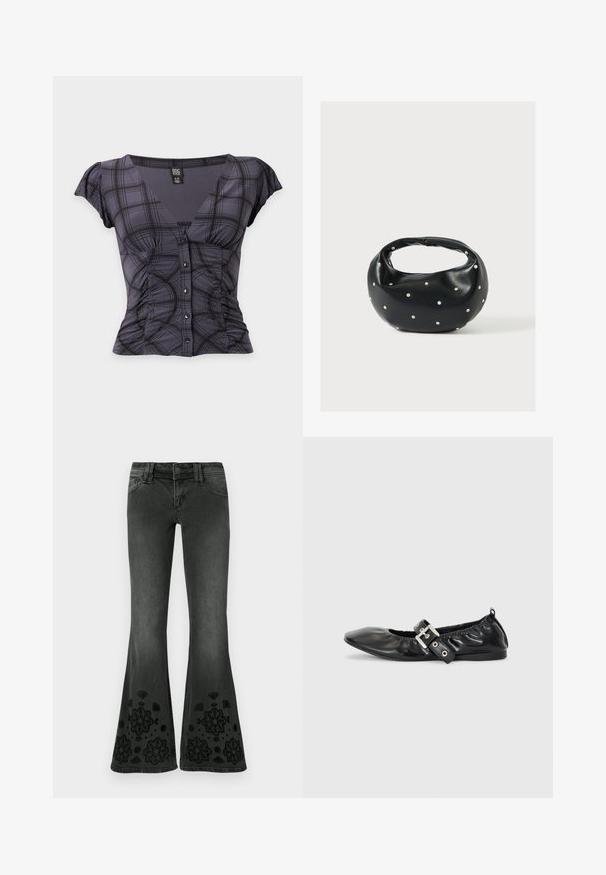 Donkergrijs geruite blouse met korte mouwen, V-hals, knopen aan de voorkant, geplooide zijkanten en wijd uitlopende mouwen, maat small.; Zwarte flared jeans met een vervaagd effect; voorzien van zwarte geborduurde bloemenpatronen aan de zoom; denimstof met een gladde textuur.; Zwarte leren platte schoen met een spitse neus, geplooide details rond de opening en een zilveren gespaccentueerde verstelbare band.; Zwarte leren handtas met een afgeronde vorm, versierd met zilveren studs, en een korte handgreep. Gladde textuur en ritsluiting.