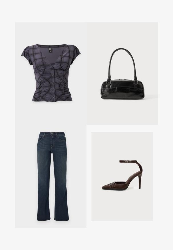 Dunkelgraue karierte Bluse mit kurzen Ärmeln, V-Ausschnitt, Knopfleiste vorne, gerafften Seiten und flatternden Ärmeln, Größe klein.; Dunkelblaue Denim-Jeans mit ausgestelltem Bein, ausgestattet mit fünf Taschen und kontrastierenden Nähten. Glatte Textur und standardmäßiger Bund.; Brauner Leder High-Heel-Schuh mit spitzer Spitze, drei dekorativen silbernen Schnallen vorne und Fußgelenkriemen mit silberner Schnalle.; Schwarze Lederhandtasche in rechteckiger Form, mit einem stabilen Griff, silbernem Zubehör und Reißverschluss. Glatte Textur.