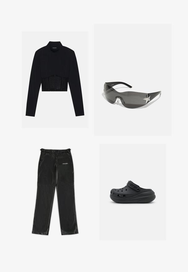 Zwarte lange mouwen crop top met een hoge hals, een doorschijnend meshpaneel op de taille en gestructureerde naden voor een aansluitend ontwerp.; Zwarte nepleren broek met een slank ontwerp, voorzien van een logo aan de linkerkant, rechte pijpen en traditionele riemlussen.; Zwarte rubberen klomp met ventilatiegaten, verhoogde hak en verstelbare band. Gladde textuur en afgeronde vorm.; Zwarte zonnebril met een wrap-around ontwerp, donkergetinte glazen, glanzende stervormige accenten en verstelbare neussteunen.