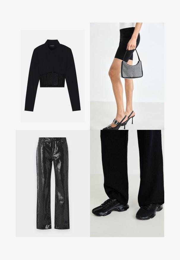 Crop top noir à manches longues, présentant un col haut, un panneau en mesh transparent à la taille et des coutures structurées pour un design ajusté.; Pantalons noirs pailletés avec une coupe ajustée et un bas évasé. Le tissu a une texture brillante avec un motif de petits disques réfléchissants.; Baskets noires avec une tige en tricot texturé, forme élégante et semelle noire brillante, présentant des accents réfléchissants subtils et un système de laçage.; Sac à main à perles noires avec une silhouette courbée, une poignée de transport et une texture brillante. Porté avec des chaussures à talons hauts noires et un short noir ajusté.