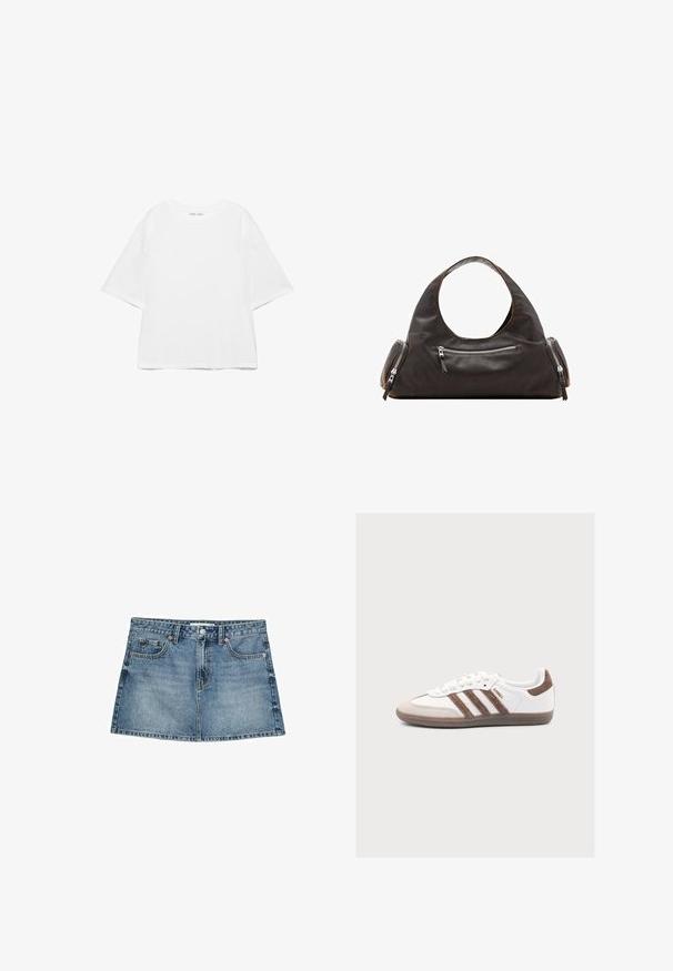 T-shirt blanc oversize à manches courtes avec col rond, design uni, et coutures d'épaule tombantes sur fond blanc.; Jupe en denim bleu clair, dotée de cinq poches, fermeture à boutons et ourlet légèrement évasé, avec une texture usée et des détails décolorés.; Baskets blanches Adidas Samba avec des bandes en daim marron, un bout en daim marron et une semelle en gomme sur fond gris clair.; Sac à main en cuir noir avec une poignée supérieure arrondie, deux poches latérales zippées et une texture lisse. Design légèrement souple.