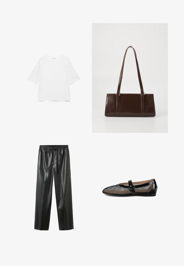 T-shirt blanc oversize à manches courtes avec col rond, design uni, et coutures d'épaule tombantes sur fond blanc.; Pantalon large en similicuir noir avec taille élastique et cordon de serrage, offrant une texture lisse et un design épuré.; Ballerines en mesh noir avec une bordure en cuir verni noir brillant, un bouton décoratif rond et un talon plat bas.; Sac à main en cuir verni marron de forme rectangulaire, avec deux longues poignées et des accents courbés subtils à l'avant.