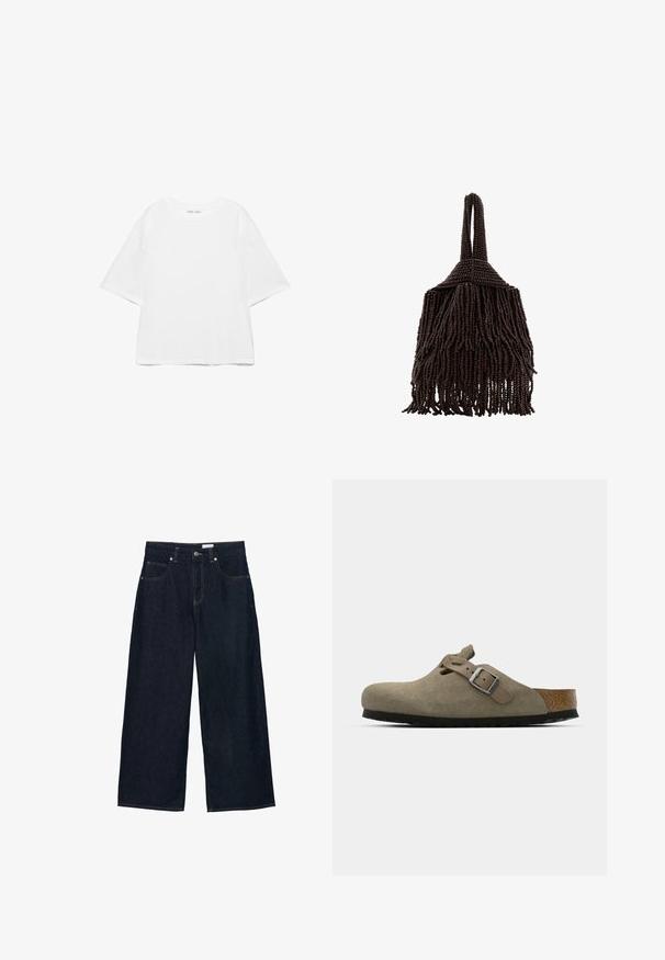 Hvid oversize T-shirt med korte ærmer og rund hals, ensfarvet design og skuldersømme, der er sænket, på hvid baggrund.; Bredbenede mørk denimjeans med høj talje, der har fem lommer, kontrastsyninger og lukning med knap foran.; Suede træsko i lys olivengrøn med en formet kork- og gummisål. Har en side rem med en metal spænde og en rund tå.; Lille mørkebrunt håndtaske dækket af tætte perlestrenge med et løkkehåndtag og et frynset, tekstureret design.