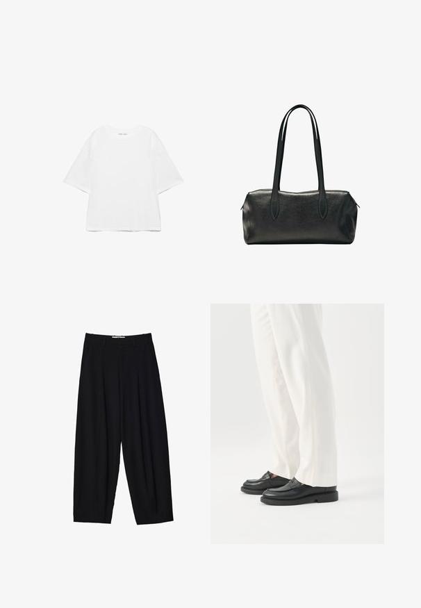 Hvid oversize T-shirt med korte ærmer og rund hals, ensfarvet design og skuldersømme, der er sænket, på hvid baggrund.; Sorte vide benbukser lavet af letvægtsstof, med frontfolder, en klassisk talje og sidelommer. Glat tekstur.; Person iført hvide skræddersyede bukser og sorte læder loafers stående på hvid baggrund.; Sort rektangulær læderhåndtaske med to lange skulderstropper og en lynlåslukning øverst.