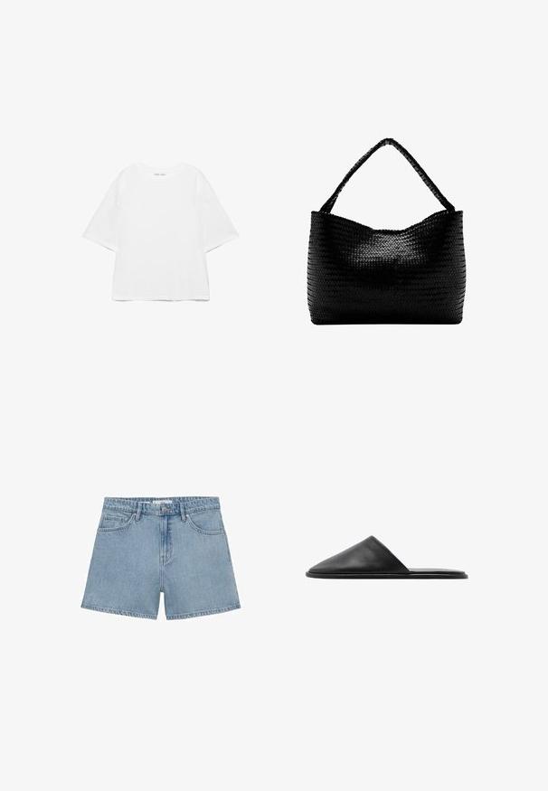 Hvid oversize T-shirt med korte ærmer og rund hals, ensfarvet design og skuldersømme, der er sænket, på hvid baggrund.; Lyseblå denimshorts med høj talje, fire lommer og knaplukning. Har en klassisk lige ben stil og frynset kant.; Sorte læder slidesandaler med spids tå og minimalistisk design. Glat tekstur med flad sål og ingen synlig hardware.; Sort vævet håndtaske med et enkelt flettet håndtag, rektangulær form og glansfuld tekstureret overflade.