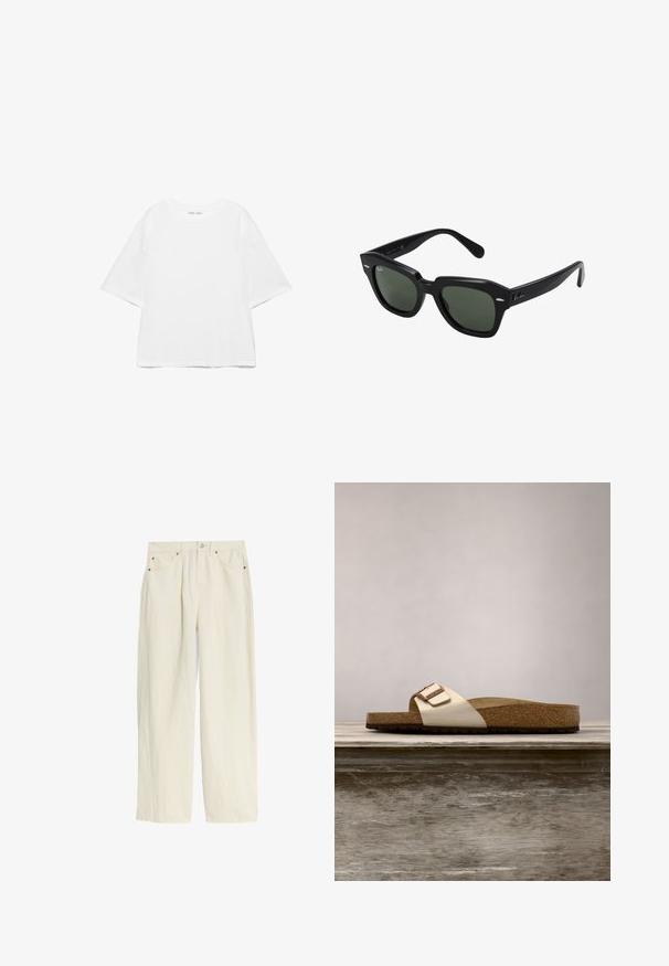 T-shirt blanc oversize à manches courtes avec col rond, design uni, et coutures d'épaule tombantes sur fond blanc.; Pantalon large en crème clair fabriqué à partir d'un tissu texturé. Présente une fermeture à bouton, des rivets de couleur cuivrée et quatre poches.; Sandale à enfiler avec un dessus métallique léger, une semelle en liège et une semelle en caoutchouc brun texturé. Détail de boucle avec accent logo.; Lunettes de soleil carrées noires avec des verres vert foncé, présentant des montures audacieuses et des accents argentés sur les côtés. Fabriquées en Italie.