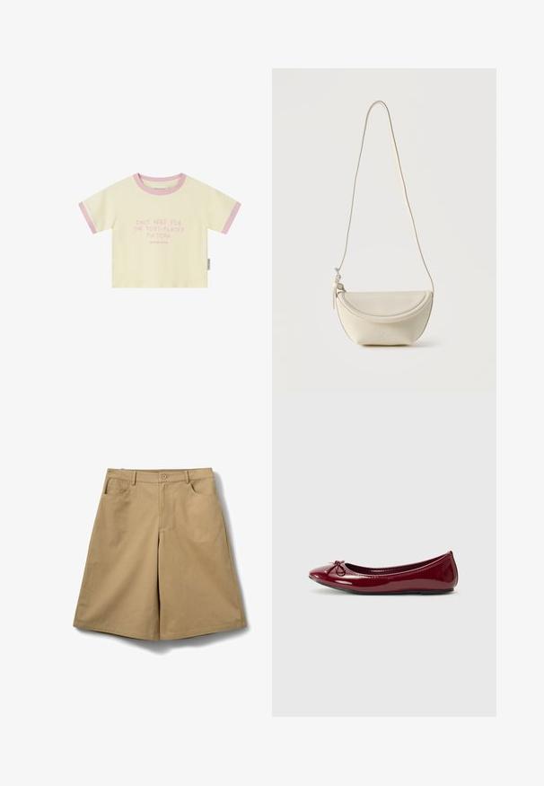 T-shirt crème à manches courtes avec bordure rose et texte rose indiquant « Only here for the post-Pilates matcha » sur le devant, étiquette sur la couture latérale.; Shorts en coton beige à coupe droite, dotés d'une fermeture par bouton et fermeture éclair, de deux poches avant, sans motifs ni ornements visibles.; Ballerines en vernis bordeaux brillant, avec un bout arrondi et un petit nœud sur le devant. Texture lisse, petit talon.; Petit sac bandoulière en cuir crème avec rabat incurvé et longue lanière fine suspendu sur un fond uni.