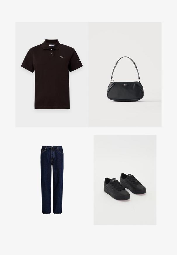 Sort poloshirt med korte ærmer og to knapper, lille grønt krokodille-logo på venstre bryst og hvid skrift på højre ærme.; Mørkeblå denim jeans med lige ben-design, der har høj talje, fem-lomme-stil og kontrastsyninger. Ingen dekorationer.; Sorte lavtop sneakers lavet af glat materiale, med tykke snørebånd, en struktureret sål og et lille logo på siden og tungen.; Sort skuldertaske med justerbar rem, lynlås og lille sølv krokodille logo foran i midten.