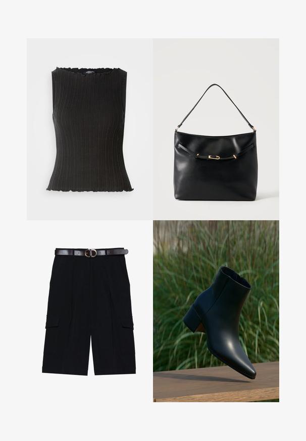 Zwarte mouwloze top met geribbelde textuur, gegolfde halslijn en getailleerd ontwerp. Gemaakt van rekbare stof voor comfort.; Zwarte cargokortingen gemaakt van lichtgewicht stof, met een rechte snit, zijzakken en een leren riem in bruin met een zilveren gesp.; Zwarte leren enkellaars met blokhak, puntige neus, weergegeven boven een houten oppervlak met een groene wazige grasachtergrond.; Zwarte leren schoudertas met een enkele band en een klein gouden gespsdetail aan de voorkant tegen een effen lichte achtergrond.