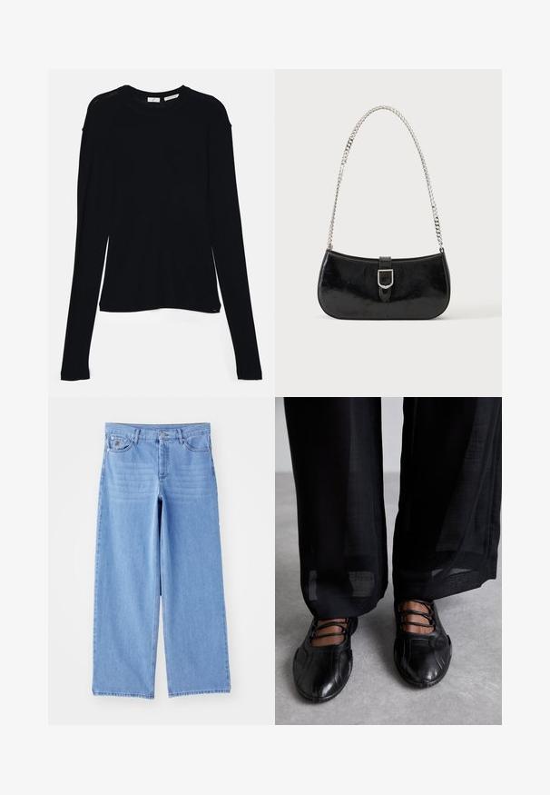 Haut noir à manches longues en tissu doux, avec un col rond et une coupe décontractée, doté de fentes sur les côtés à l'ourlet pour faciliter les mouvements.; Jean large bleu clair en denim, avec un design classique à cinq poches et une fermeture à bouton. Texture lisse, ourlet effiloché.; MIISTA AVERIE - Babies - black; Sac à épaule en cuir verni noir avec détail de boucle argentée et bandoulière en chaîne argentée, présenté sur un fond uni clair.