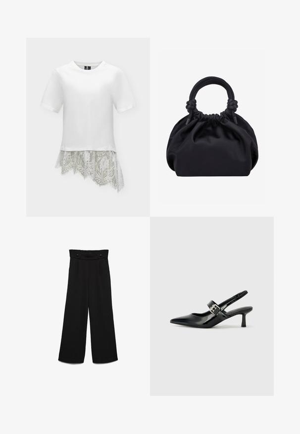 Blusa blanca de manga corta con cuello redondo y bajo asimétrico de encaje con motivos florales sobre fondo claro.; Pantalones negros de pierna ancha con una pretina alta, que cuentan con dos botones frontales y una textura suave. Corte recto con pliegues en la parte delantera.; Zapatos de tacón en charol negro con tira al tobillo, punta afilada y un pequeño tacón bloque, que cuentan con un acento de hebilla plateada en la correa.; Bolso de mano de tela negra suave con parte superior fruncida y asas acolchadas circulares atadas con nudos a cada lado.
