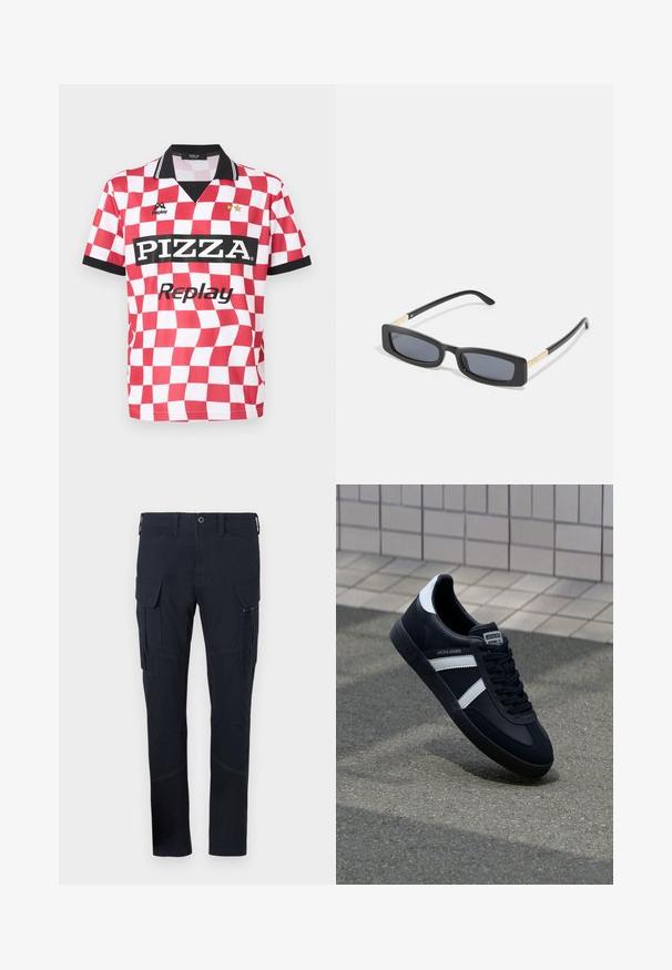 Rot-weiß kariertes Kurzarmtrikot mit schwarzem Kragen, "PIZZA"-Logo und zwei Sternen über dem Markennamen. Glatte Stofftextur.; Cargo-Hosen aus dunkelblauem Stoff mit mehreren Taschen, einschließlich seitlicher Cargo-Taschen, und sichtbaren Nähten. Slim-Fit-Design.; Schwarze Leder-Sneaker mit weißen Streifen, strukturiertem Gummisohle und Schnürung. Verfügt über ein Markenetikett auf der Zunge.; Rechteckige schwarze Sonnenbrille mit dunklen Gläsern. Schmale, flache Bügel mit einem goldenen Akzent. Glatter Kunststoffrahmen mit matter Oberfläche.
