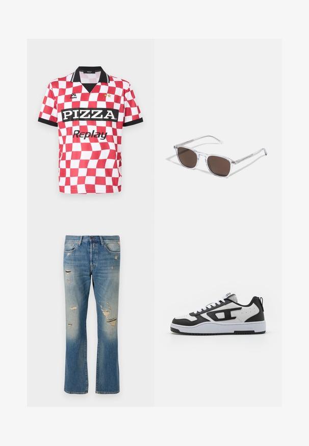 Rot-weiß kariertes Kurzarmtrikot mit schwarzem Kragen, "PIZZA"-Logo und zwei Sternen über dem Markennamen. Glatte Stofftextur.; Hellblaue Denim-Jeans mit einer lockeren Passform, die verwaschene Details und fransige Patches aufweisen, mit dem klassischen Fünf-Taschen-Design und einem Knopfverschluss.; Schwarze und weiße Sneaker mit Obermaterial aus strukturiertem Leder, gepolstertem Schuhkragen, runder Zehenpartie und kontrastierender Gummisohle. Inklusive weißer Schnürsenkel und Logodetail.; Klarer Kunststoff-Sonnenbrillen mit rechteckigen braunen Gläsern, ausgestattet mit dünnen, transparenten Bügeln und Metallakzenten an den Schläfen.