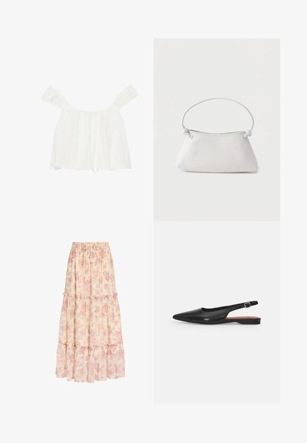 Witte off-shoulder top met ruches aan de mouwen, gemaakt van zachte stof. Heeft plooidetails aan de voorkant en een losse pasvorm.; Lange beige rok met roze bloemenpatroon, elastische tailleband met trekkoord en gelaagde ruches.; Zwarte leren slingback schoen met een spitse neus, subtiele glans en een verstelbare enkelband. Platte hak met een brown inlegzool.; Witte handtas van gevlochten leer met een afgeronde handgreep en uiteinden van de band die geknoopt zijn, afgebeeld tegen een effen achtergrond.