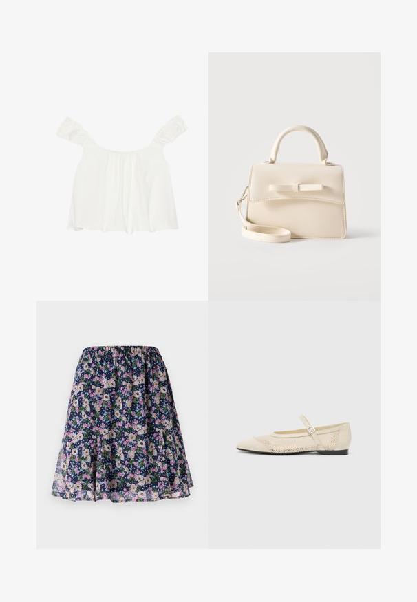 Hvid off-shoulder top med rynkede ærmer, lavet af blødt stof. Har samlet detalje foran og en løs pasform.; Blomsterkjole med elastisk talje. Har en mørk navy baggrund med pink, hvide og grønne blomstermønstre. Let og svalende stof.; Beige balletflader med spids tå, mesh design overlay og en side spænde. Flad sål med en glat tekstur.; Lille beige håndtaske med top-håndtag, aftagelig rem, forreste klap og dekorativ vandret sløjfe på en ensfarvet baggrund.
