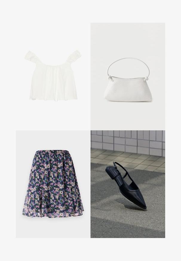 Hvid off-shoulder top med rynkede ærmer, lavet af blødt stof. Har samlet detalje foran og en løs pasform.; Blomsterkjole med elastisk talje. Har en mørk navy baggrund med pink, hvide og grønne blomstermønstre. Let og svalende stof.; Sort slingback-flad sko med spids tå, svævende over en asfaltflade ved siden af en flisebelagt fortov.; Hvid fletlæderhåndtaske med afrundet håndtag og ender på remmen, der er knyttet, vist mod en ensfarvet baggrund.