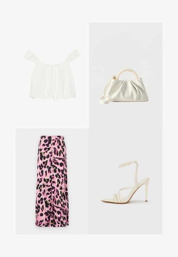 Top blanco sin hombros con mangas acampanadas, hecho de una tela suave. Presenta detalles fruncidos en la parte frontal y tiene un corte holgado.; Falda rosa con un estampado de animal print que presenta acentos en negro, dorado y blanco. Tejido suave con un diseño fluido. Corte de longitud media.; Sandalias de tacón alto beige con punta estrecha, que cuentan con tres tiras frontales y una tira delgada en el tobillo con hebilla. Textura lisa, diseño minimalista.; Pequeño bolso blanco con cuerpo fruncido, asa redonda adornada con perlas y una correa de hombro desmontable sobre un fondo liso.