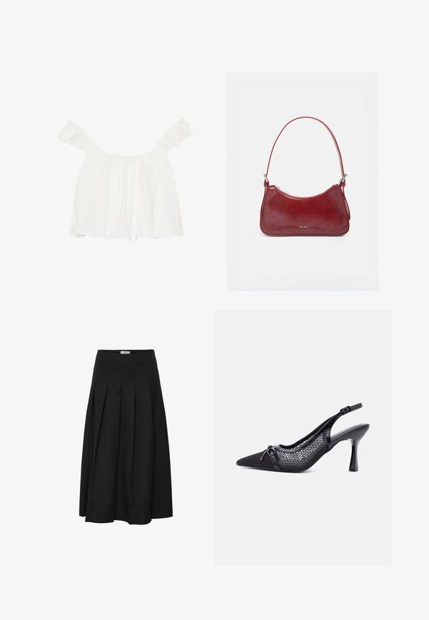 Witte off-shoulder top met ruches aan de mouwen, gemaakt van zachte stof. Heeft plooidetails aan de voorkant en een losse pasvorm.; Zwarte plissé midi rok gemaakt van gladde stof. Heeft een hoge taille en een vloeiende silhouet met netjes gestikte plooien.; Zwarte slingback hoge hak met een puntige neus, een honingraatpatroon van gaas en een klein sierstrikje aan de voorkant.; Kleine glanzende donkerrode handtas met enkele band, zilverkleurige rits en "RAID"-logo middenvoor.