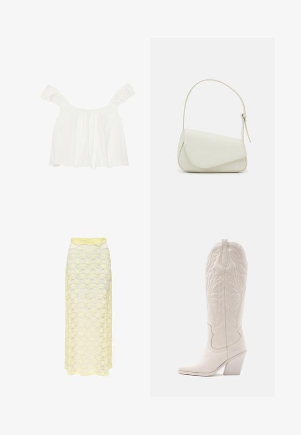 Haut blanc à épaules dénudées avec des manches volants, fabriqué en tissu doux. Présente des détails froncés à l'avant et une coupe ample.; Jupe maxi en dentelle jaune avec un motif ondulé, dotée d'une taille lisse et d'une texture douce et transparente. Conçue pour une silhouette fluide.; Bottine de cowboy en cuir blanc avec un bout pointu et un talon bloc. Présente des motifs de broderie complexes sur la tige et une texture lisse.; Sac à main en cuir synthétique blanc avec une forme triangulaire structurée, une bandoulière unique réglable et un rabat à courbes accentuées.