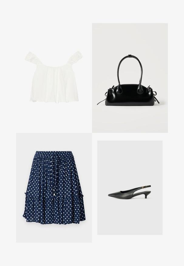 Hvid off-shoulder top med rynkede ærmer, lavet af blødt stof. Har samlet detalje foran og en løs pasform.; Mørkeblå skirt med hvide prikker, der har en flæse i bunden og en elastisk talje med snøre til justerbar pasform.; Sorte spidse slingback-sko lavet af glat læder. Har en tynd hæl og en spænde detalje på den justerbare rem.; Lille sort blank håndtaske med to lange håndtag og snøre-detaljer i siden på en ensfarvet lys baggrund.