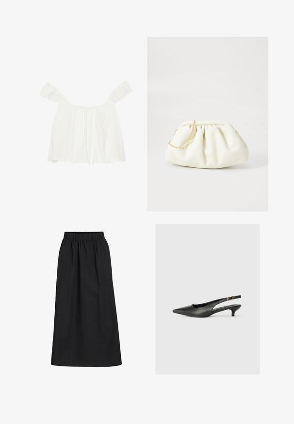 Witte off-shoulder top met ruches aan de mouwen, gemaakt van zachte stof. Heeft plooidetails aan de voorkant en een losse pasvorm.; Zwarte, knie-lange rok gemaakt van zachte, lichte stof. Heeft een elastische tailleband en een eenvoudig, vloeiend ontwerp zonder versieringen.; Zwarte puntschoen met slingback van soepel leer. Kenmerkt zich door een dunne hak en een gespdetail op de verstelbare band.; Witte leren handtas met een geassembleerd ontwerp, voorzien van een gouden kettingband en een ronde vorm. Gladde textuur met zachte plooien en geen patronen.