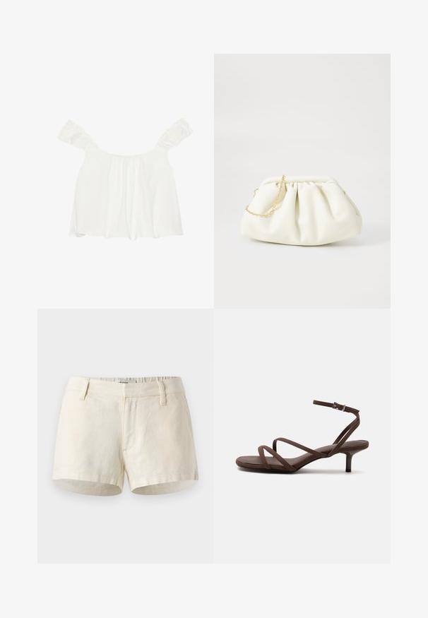 Hvid off-shoulder top med rynkede ærmer, lavet af blødt stof. Har samlet detalje foran og en løs pasform.; Lys beige shorts lavet af linned. Har en flad talje, frontlommer og en ren kant. Simpelt, minimalistisk design.; Brun højhælet sandal med tynde krydsede stropper og en ankelrem med en sølvspænde på en hvid baggrund.; Hvid læderhåndtaske med en samlede design, forsynet med en guldkæde-strop og en rund form. Glat tekstur med bløde folder og ingen mønstre.