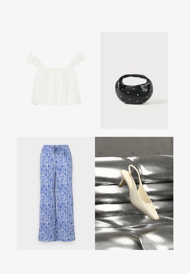 Top blanco sin hombros con mangas acampanadas, hecho de una tela suave. Presenta detalles fruncidos en la parte frontal y tiene un corte holgado.; Pantalones de pierna ancha de color azul con un patrón, que cuentan con una cinturilla ajustable, hechos de una tela ligera con diseños abstractos de líneas blancas.; Zapato de tacón bajo tipo kitten slingback color crema con punta cuadrada, descansando sobre una superficie de cuero plateado acolchada y brillante.; Bolso de mano de cuero negro con forma redondeada, decorado con detalles de tachuelas plateadas y un asa corta. Textura lisa y cierre con cremallera.