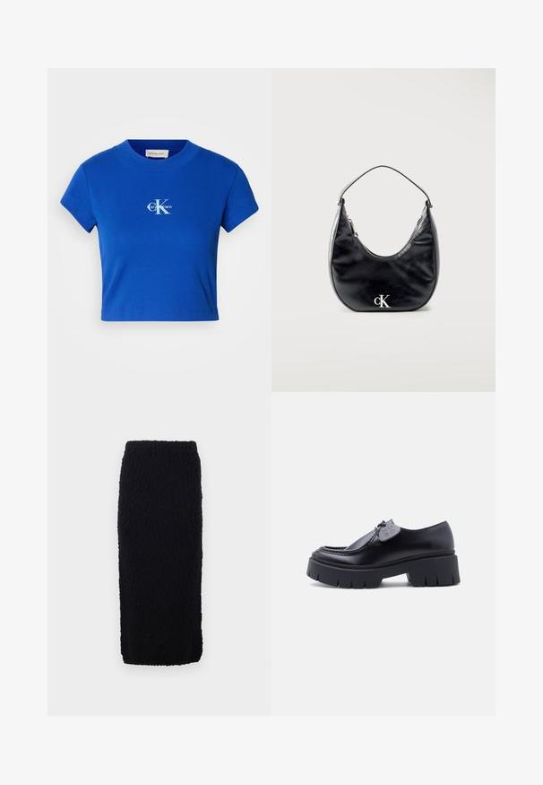 T-shirt court bleu vif présentant un logo "CK" blanc avec le texte "Calvin Klein", manches courtes et encolure ronde.; Jupe noire en tricot, longueur genou, avec une surface texturée et une coupe droite. La taille est élastiquée pour le confort.; Mocassin à plateforme noire avec semelle épaisse à relief et étiquette décorative sur le lacet, présenté en profil latéral sur fond blanc.; Sac à main en cuir noir en forme de croissant avec une sangle courte et un logo "cK" argenté sur le devant, fermeture éclair en haut.