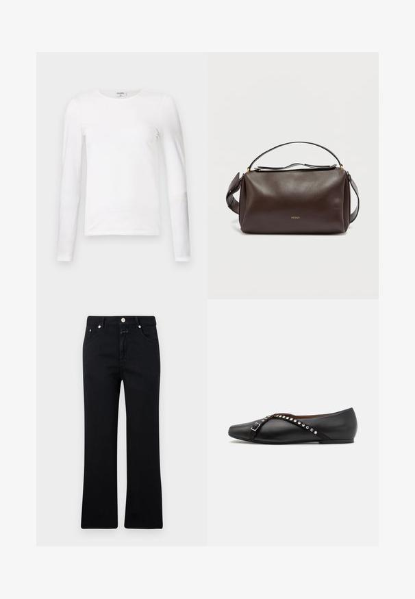 Weißes Langarm-T-Shirt aus weicher Baumwolle, mit rundem Halsausschnitt und schmalem Schnitt, sauberen Nähten und ohne sichtbare Muster.; Schwarze Jeans mit geradem Bein, im Fünf-Taschen-Stil, mit Metallbeschlägen und einer weichen Denim-Textur. Minimalistisch und einheitlich in der Farbe.; Schwarze Lederflats mit spitzer Zehenform, ausgestattet mit einem dekorativen Riemen mit silbernen Nieten und einer Schnallenoptik. Glatte Textur, minimalistisches Design.; Braune Leder-Umhängetasche mit strukturiertem Design, ausgestattet mit einem goldenen Logo, einem Reißverschluss oben und einem abnehmbaren Riemen. Glatte Textur.