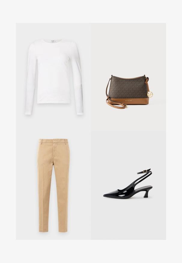 T-shirt blanc à manches longues en coton doux, avec un col rond et une coupe ajustée, présentant des coutures propres et sans motifs visibles.; Pantalons en coton beige avec une coupe droite, dotés d'une fermeture éclair devant et de deux poches latérales. Aucun motif ou accent visible.; Escarpins à brides arrière en cuir verni noir, à bout pointu, avec un petit talon carré et une sangle de cheville ajustable dotée d'une boucle dorée.; Sac bandoulière marron Michael Kors avec motif logo, garniture en cuir tan, sangle réglable et breloque MK dorée sur un fond clair.