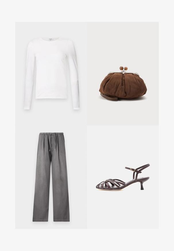 T-shirt blanc à manches longues en coton doux, avec un col rond et une coupe ajustée, présentant des coutures propres et sans motifs visibles.; CLOSED WYNSTON - Pantalon classique - led grey; Sandale à talon kitten en cuir marron foncé avec lanières et bride de cheville réglable à boucle sur fond blanc.; Petit sac poignet en daim marron doux avec cadre en métal argenté et boules rondes marron de fermeture sur fond clair uni.