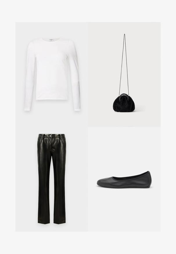 Weißes Langarm-T-Shirt aus weicher Baumwolle, mit rundem Halsausschnitt und schmalem Schnitt, sauberen Nähten und ohne sichtbare Muster.; Schwarze Kunstleder-Hose mit geradem Bein, Knopf- und Reißverschluss, Gürtelschlaufen und Seitentaschen, vor einem weißen Hintergrund präsentiert.; Schwarze Leder-Ballettschuhe mit abgerundeter Spitze, glatter Textur, minimalen Nähdetails und einem flexiblen Sohlen-Design.; Kleine schwarze Handtasche aus Kunstfell mit geflochtenen oberen Griffen und langem dünnem Schulterriemen auf einfarbigem Hintergrund.