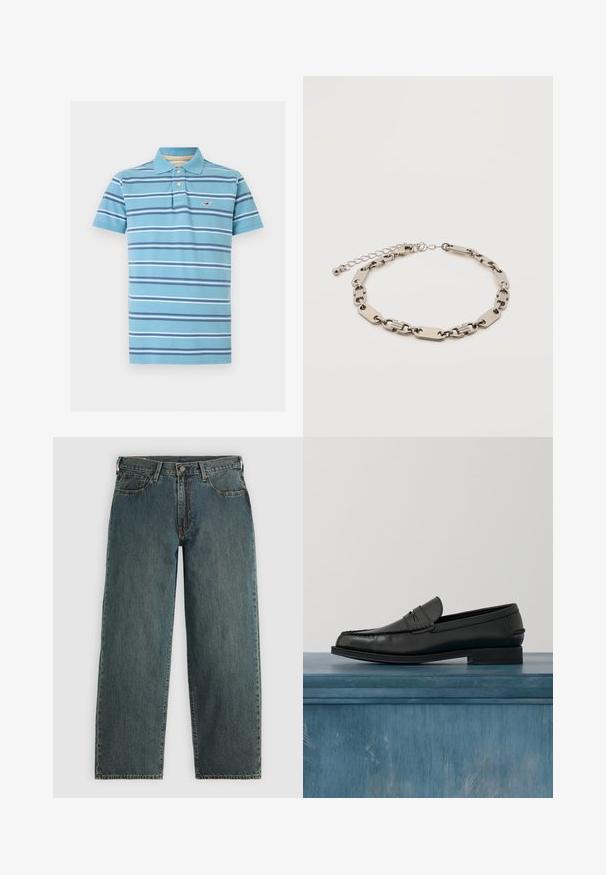 Lyseblå polo med korte ærmer, navy og hvide horisontale striber, to knapper på placket, og lille rød mågelogo på brystet.; Mørkeblå straight-leg denim jeans med knap- og lynlås-lukning, forlommer og bæltestropper på en lys grå baggrund.; Sorte læderloafers med et slankt design, der har syning ved tåen og en glat finish. Skoen har en lav hæl og minimal udsmykning.; Sølvfarvet metalarmbånd med skiftevis rektangulære og ovale led, justerbar lukning med lille rund charm på hvid baggrund.