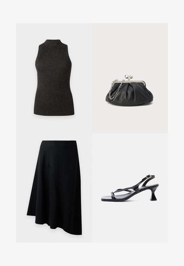 CLOSED SLEEVELESS - Top - black; Zwarte A-lijn rok van soepel materiaal, met een diagonale naaddetail en een vloeiende uitstraling die subtiel valt bij de zoom.; Zwarte lederen damessandaal met dunne riempjes, vierkante neus, verstelbare enkelgesp en uitgewerkte hak van gemiddelde hoogte.; Zwarte leren clutch met geplooide textuur, zilverkleurig metalen frame, drukknopsluiting en kettingriem. Glad, zacht oppervlak.