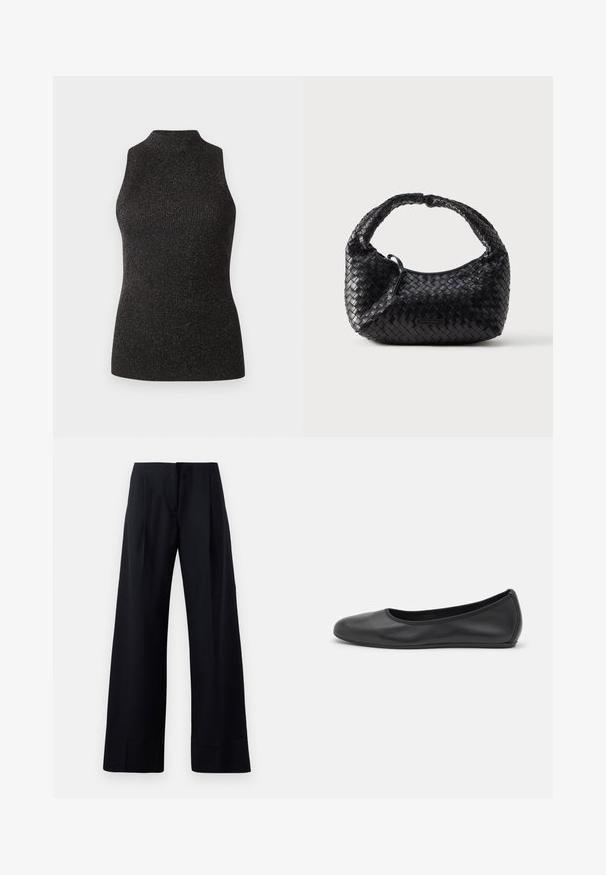 CLOSED SLEEVELESS - Top - black; Čierne pruhované nohavice s širokým strihom, charakterizované ostrými skladmi a čistým dokončením. Vyrobené z hladkej, ľahkej tkaniny.; Čierne kožené baleríny s okrúhlou špičkou, hladkým povrchom, minimálnym prešívaním a flexibilným dizajnom podrážky.; Čierna tkaná kabelka zaobleného tvaru, s textúrovaným povrchom a zakriveným rukoväťou. Na prednej strane má jemný logo akcent.