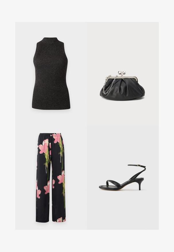 CLOSED SLEEVELESS - Top - black; Blomstrende brede bukser med sort baggrund, prydet med pink og grønne akvarel-lignende blomster. Blødt stof med elastisk talje.; Sort damesandal i læder med tynde remme, en tå-loop, ankelspænde og en mellemhøj stiletthæl på en neutral baggrund.; Sort læder clutch med samlet tekstur, sølvfarvet metalramme, kys-lås lukning og kædestrop. Glat, blød overflade.