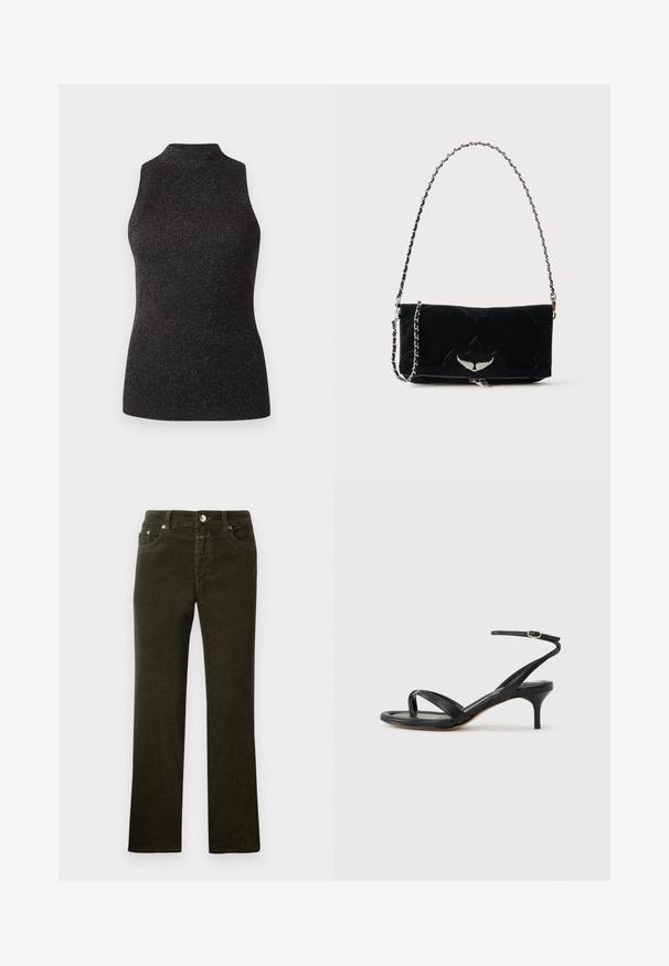 CLOSED SLEEVELESS - Top - black; Lige ben, mørke olivengrønne corduroybukser med femlommesdesign, metalknap og lynlås. Blød tekstur med synligt cord mønster.; Sort damesandal i læder med tynde remme, en tå-loop, ankelspænde og en mellemhøj stiletthæl på en neutral baggrund.; Sort rektangulær håndtaske med sølvvingeemblem foran og sølvkædestrop mod ensfarvet baggrund.